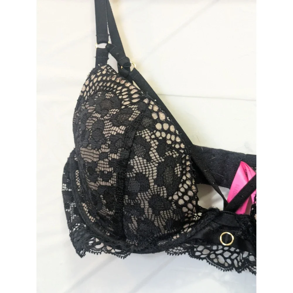 La‎ Senza BEYOND SEXY Lace Overlay Plunge Bra Black Nude Size 34C - Picture 6 of 9
